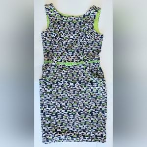 Ladies 8 London Times Navy/Tan /Lime Graphic Sleeveless Belted Fitted Dress